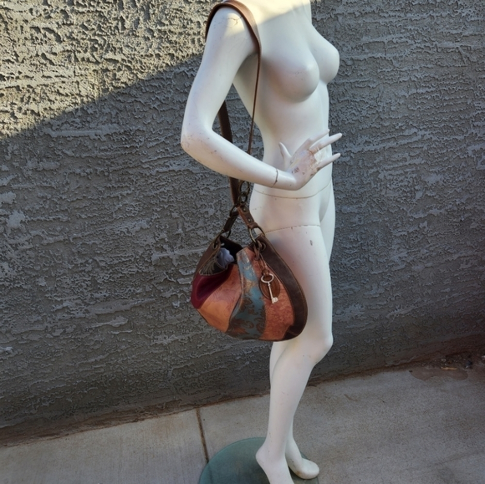 Vintage FOSSIL Patchwork Leather Hobo Style Shoulder Bag Boho Purse - Picture 4 of 10